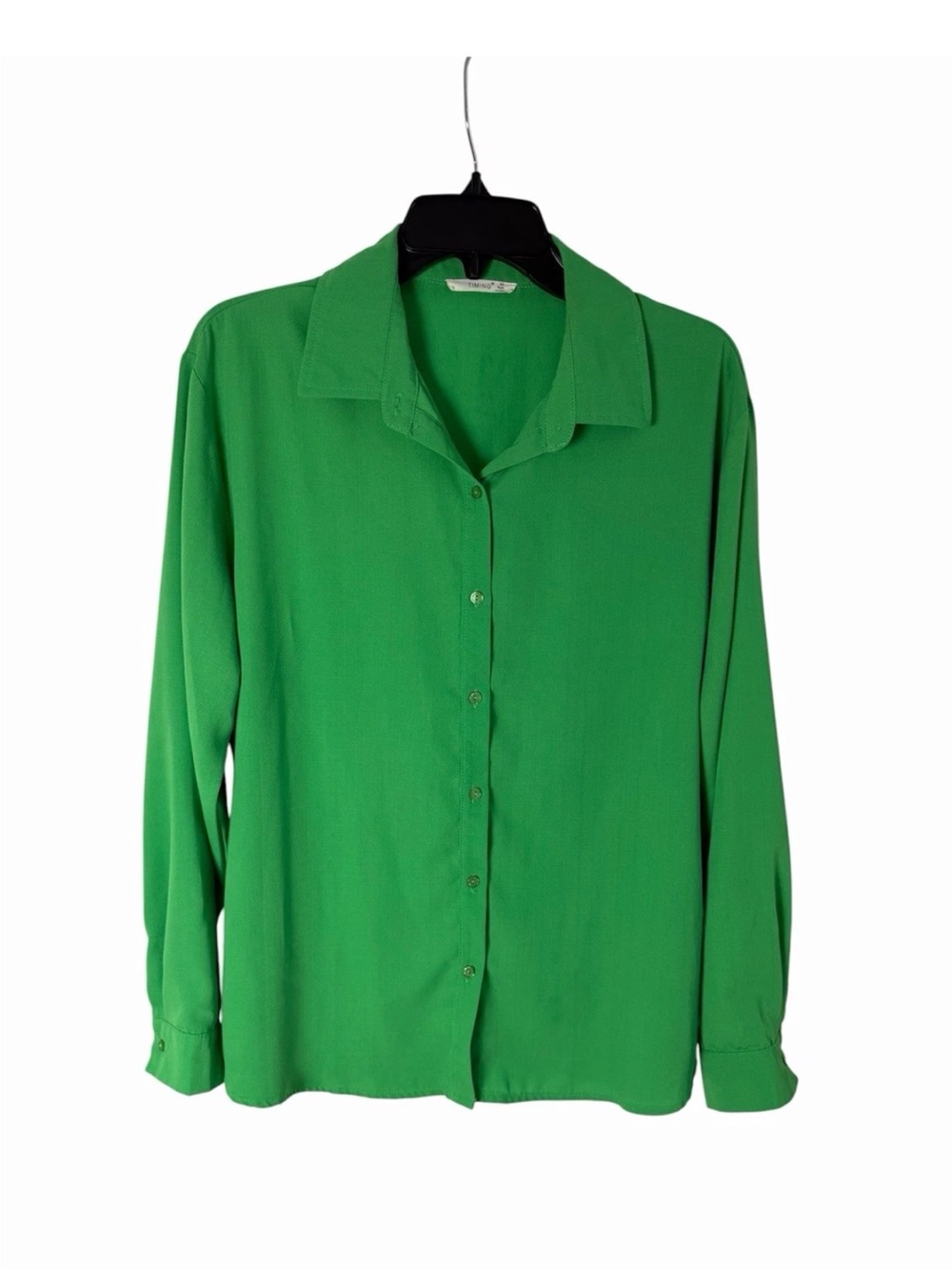 Timing Green Button Down Blouse women size M Long Sleeve collared casual Top